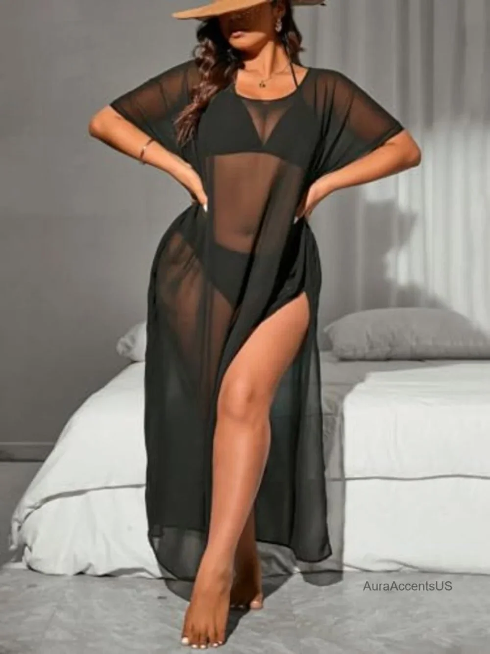 Plus Size One Shoulder Sheer Mesh Split Thigh Loose Coverup Dress Beach Swimwear